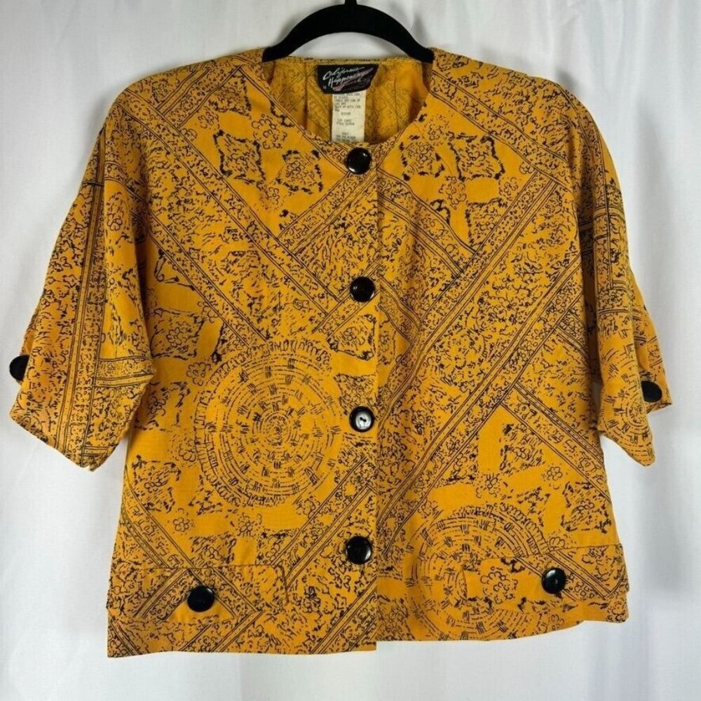 Vintage 80s California Happenings Button Up Shirt Yellow Funky Pattern Novelty M